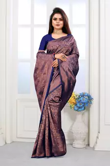Navy Blue Woven Banarasi silk blend Saree With Blouse