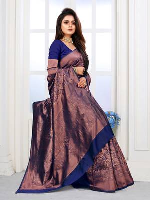 Navy Blue Woven Banarasi silk blend Saree With Blouse 3