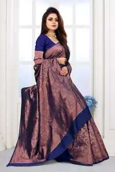 Navy Blue Woven Banarasi silk blend Saree With Blouse