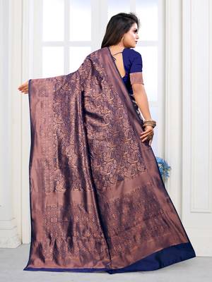Navy Blue Woven Banarasi silk blend Saree With Blouse 4