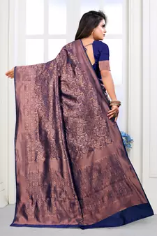 Navy Blue Woven Banarasi silk blend Saree With Blouse