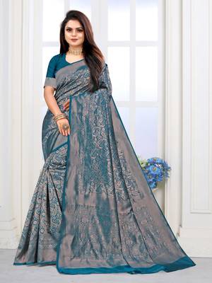 Teal Green Woven Banarasi silk blend Saree With Blouse 1