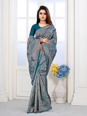 Teal Green Woven Banarasi silk blend Saree With Blouse 2