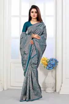 Teal Green Woven Banarasi silk blend Saree With Blouse