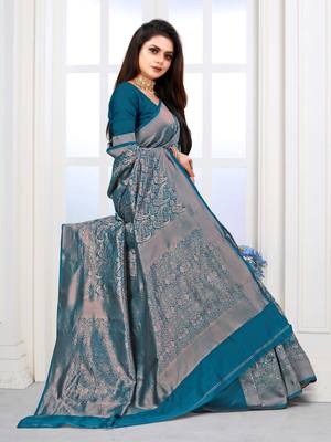 Teal Green Woven Banarasi silk blend Saree With Blouse 3