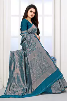 Teal Green Woven Banarasi silk blend Saree With Blouse