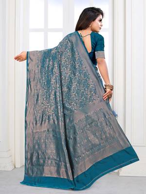 Teal Green Woven Banarasi silk blend Saree With Blouse 4