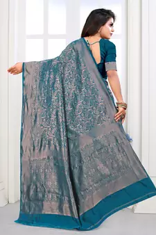 Teal Green Woven Banarasi silk blend Saree With Blouse