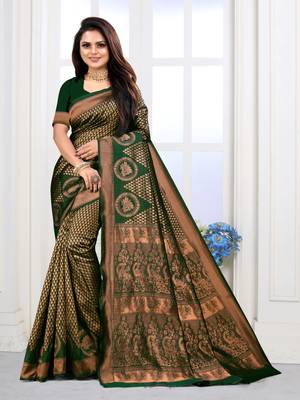 Dark Green Woven Banarasi silk blend Saree With Blouse 1