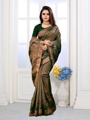 Dark Green Woven Banarasi silk blend Saree With Blouse 2