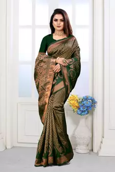 Dark Green Woven Banarasi silk blend Saree With Blouse