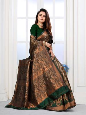 Dark Green Woven Banarasi silk blend Saree With Blouse 3