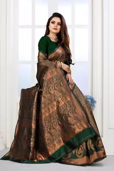 Dark Green Woven Banarasi silk blend Saree With Blouse