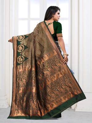 Dark Green Woven Banarasi silk blend Saree With Blouse 4