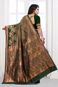 Dark Green Woven Banarasi silk blend Saree With Blouse