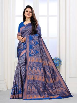 Royal Blue Woven Banarasi silk blend Saree With Blouse 1