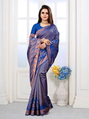 Royal Blue Woven Banarasi silk blend Saree With Blouse 2