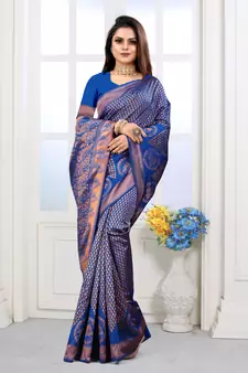 Royal Blue Woven Banarasi silk blend Saree With Blouse