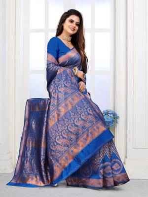 Royal Blue Woven Banarasi silk blend Saree With Blouse 3