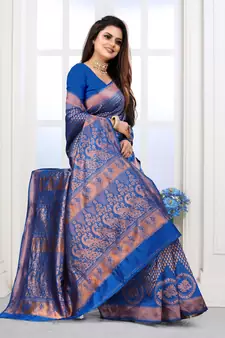 Royal Blue Woven Banarasi silk blend Saree With Blouse