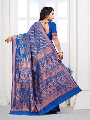 Royal Blue Woven Banarasi silk blend Saree With Blouse 4