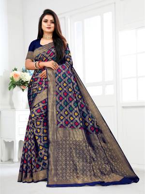 Navy Blue Woven Banarasi silk blend Saree With Blouse 2