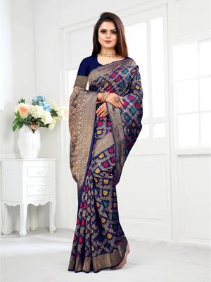 Navy Blue Woven Banarasi silk blend Saree With Blouse 1