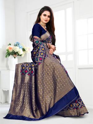 Navy Blue Woven Banarasi silk blend Saree With Blouse 3