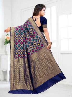 Navy Blue Woven Banarasi silk blend Saree With Blouse 4