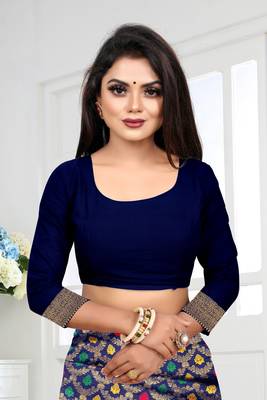 Navy Blue Woven Banarasi silk blend Saree With Blouse 5