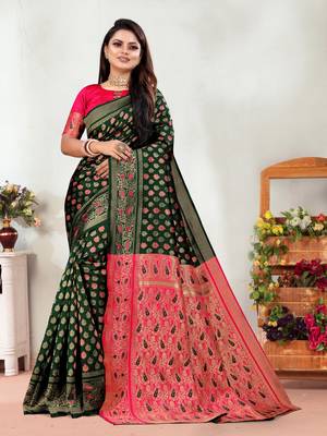 Dark Green Woven Banarasi silk blend Saree With Blouse 1