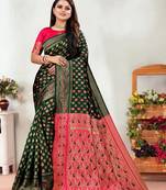 Dark Green Woven Banarasi silk blend Saree With Blouse