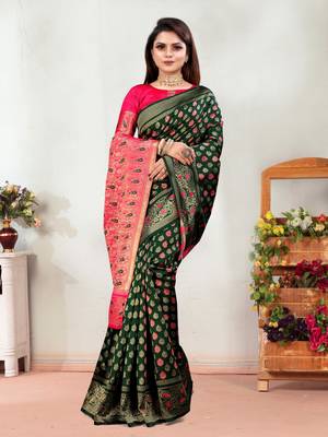 Dark Green Woven Banarasi silk blend Saree With Blouse 2