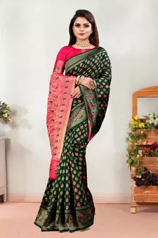 Dark Green Woven Banarasi silk blend Saree With Blouse