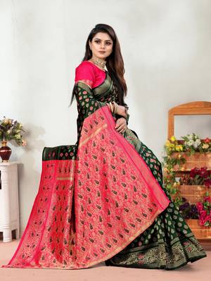 Dark Green Woven Banarasi silk blend Saree With Blouse 3