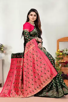 Dark Green Woven Banarasi silk blend Saree With Blouse