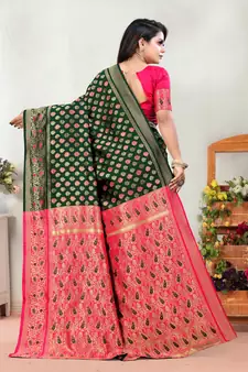 Dark Green Woven Banarasi silk blend Saree With Blouse