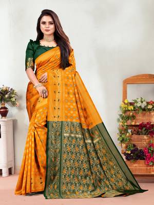 Mustard Woven Banarasi silk blend Saree With Blouse 1