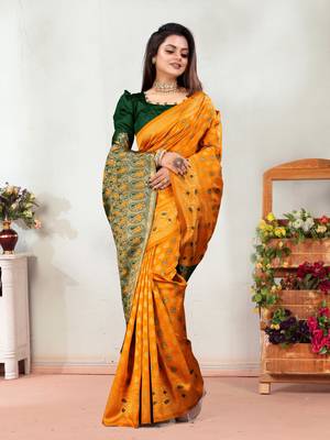 Mustard Woven Banarasi silk blend Saree With Blouse 2