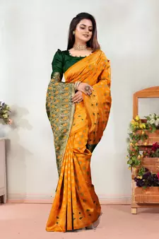 Mustard Woven Banarasi silk blend Saree With Blouse