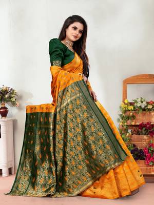 Mustard Woven Banarasi silk blend Saree With Blouse 3