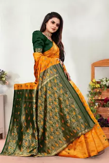 Mustard Woven Banarasi silk blend Saree With Blouse