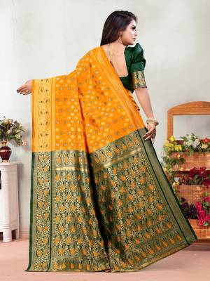 Mustard Woven Banarasi silk blend Saree With Blouse 4