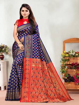 Navy Blue Woven Banarasi silk blend Saree With Blouse 1