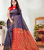 Navy Blue Woven Banarasi silk blend Saree With Blouse