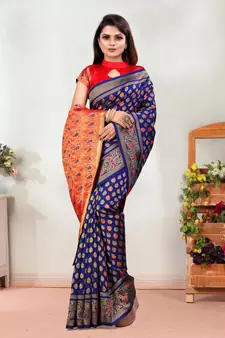 Navy Blue Woven Banarasi silk blend Saree With Blouse