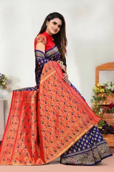 Navy Blue Woven Banarasi silk blend Saree With Blouse