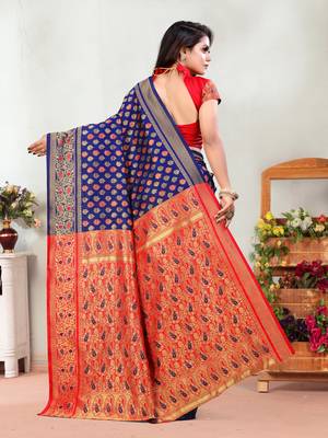 Navy Blue Woven Banarasi silk blend Saree With Blouse 4