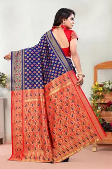 Navy Blue Woven Banarasi silk blend Saree With Blouse