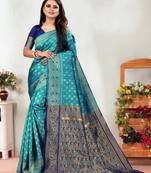 Dark Green Woven Banarasi silk blend Saree With Blouse